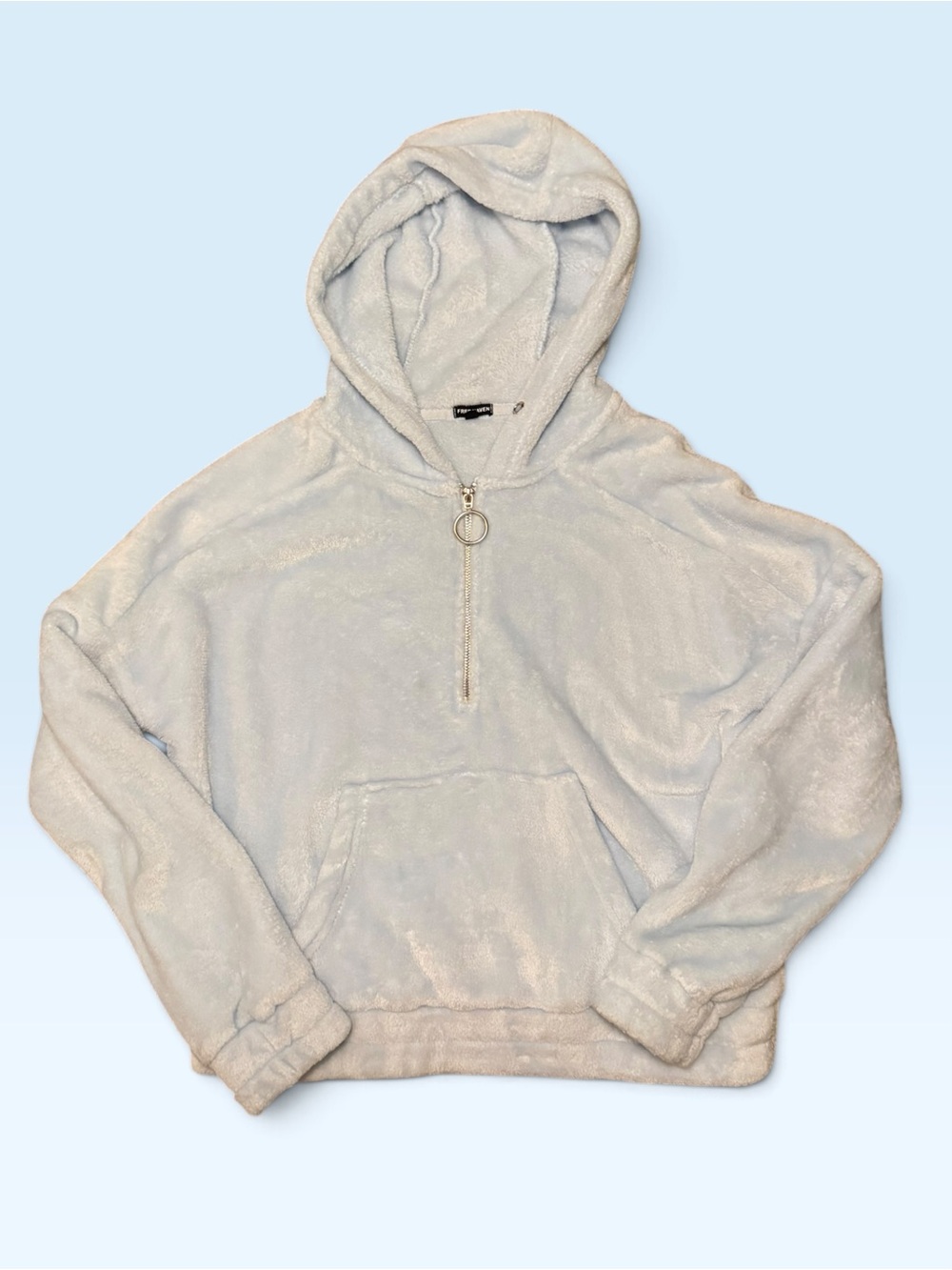 Free Haven XS Cropped Fuzzy Hoodie Pale Blue Half Zip Plush Kangaroo Pocket